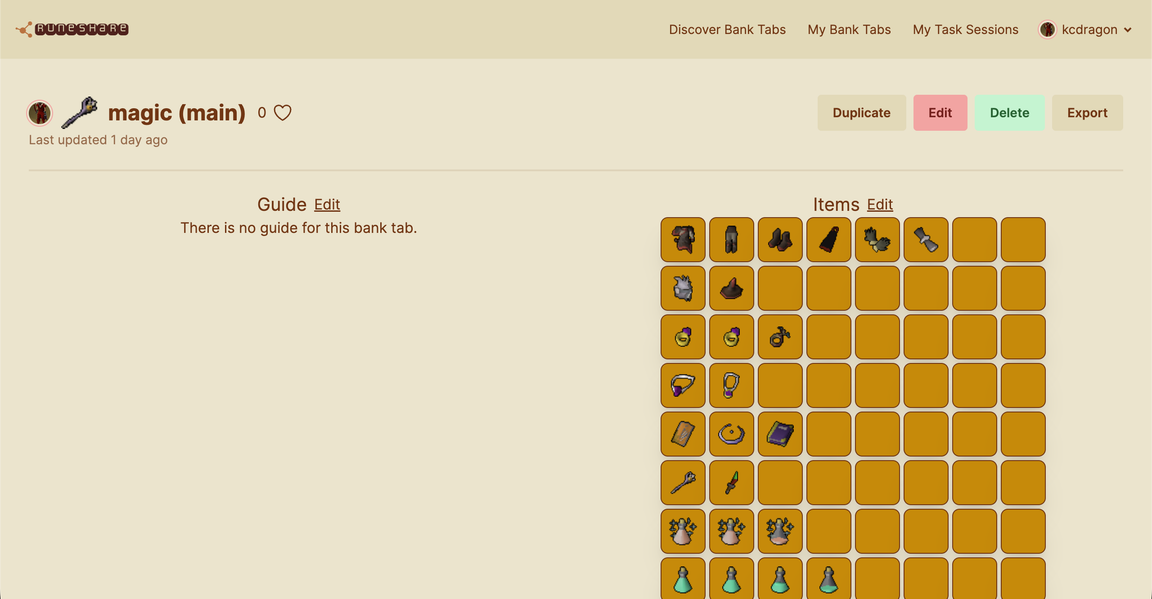 A shared RuneShare bank tab on the web